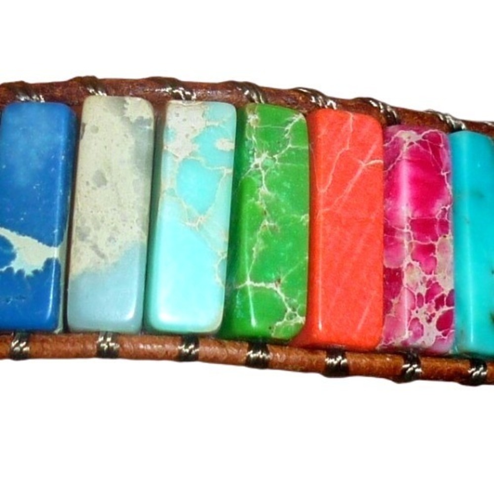 Bohemian Sea Sediment Jasper Slab Tile Leather Wrap Bracelet Artisan Rainbow